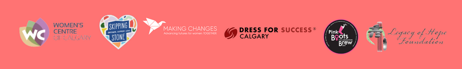 The logos of the Women's Centre of Calgary, Skipping Stone, Making Changes, Dress for Success, Pink Boots and the Legacy of Hope Foundation